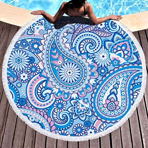 Violet Mist Blue Paisley Round Beach Blanket 60" Soft Microfibre Circular Beach Towel Throw with Fringe Large Sand Free Circle Beach Blanket with Tassels for Women Travel Swimming Pool Picnic Towel - color: Blue Paisley