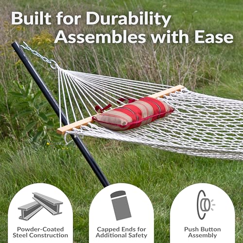 Sunnydaze Rope Hammock with Stand for Outside - Heavy Duty Freestanding Portable Outdoor Hammock Set with Quilted Pad, Pillow, and 12-Foot Steel Frame - 275 lb Capacity - Awning Stripe - color: Awning Stripe