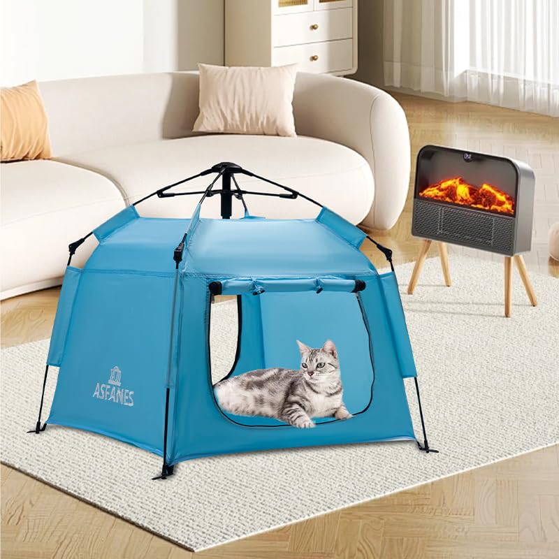 ASFANES Outdoor Pet Automatic Camping Tent, Pop up Cave Bed for Indoor Cats and Small Dogs, Portable Cat House Dog House, Sky Blue. (No Ventilation mesh, Door Must be Left Open for use) - style: Sky Blue