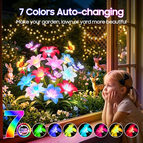 Ahaorigin Solar Garden Lights Outdoor，8 Pack Solar Lily Flowers Outdoor, 7 Color 64 LEDS Solar Flower Lights with Butterfly, IP65 Waterproof Adjustable Stems for Garden Yard Patio Decor - size: Lilies Flowers - 8pc