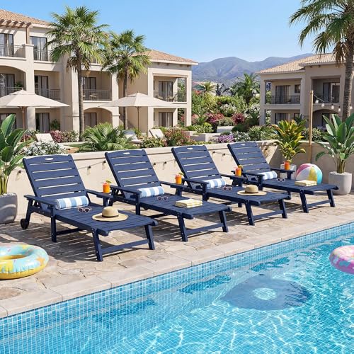 Outdoor Lounge Chair Set of 4 with 5-Position Adjustable, Outside Lounge Chair with Cup Holder, Wheels for Easy Mobility, HDPE Tanning Chair for Poolside, Patio, Blue - color: Blue, size: 4pc
