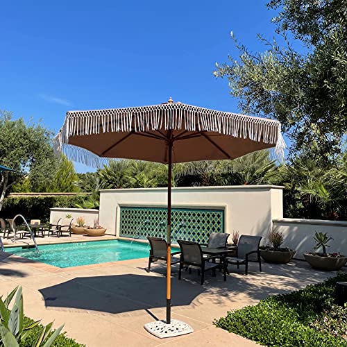 Formosa Covers 9ft 8-Rib Boho Replacement Umbrella Canopy with Tassel Fringe Valance, 600D Polyester, UV-Treated, Fits Market Patio Frames - color: Tassel Taupe