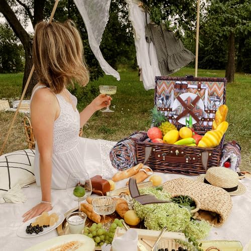 Neti Neti Wicker Picnic Basket for 2 Boho with Insulated Cooler & Waterproof Blanket – Large Willow Picnic Hamper for Outdoor, Camping, Beach, Romantic Dates, Valentine’s Day - color: Boho 3