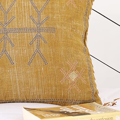 Labhanshi Mustard Color Cactus Silk Pillow, Rustic Throw Pillow, Embroidered Cushion Cover, Linen Cushion, Handmade Sabra Moroccan Decor Pillow 20x20