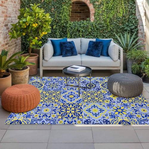 Vintage Boho Outdoor Rug 4' x 6', Middle Century Bohemia Style Patchwork Blue Washable Area Rug for Outdoor Indoor, Non Slip Outside Large Rugs Carpet for RV Patio Backyard Picnic Camping Porch Deck - color: Sky Blue, size: 4' x 6' (Rectangular)