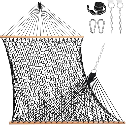 Lazy Daze Hammocks 12FT Double Rope Hammocks, 2 Person Hand Woven Cotton Hammock with Spreader Bar, Carabiner, Tree Strap, Chain for Outside, FIT 13-15 FT Stand, Max 450 Lbs, Black - color: Black
