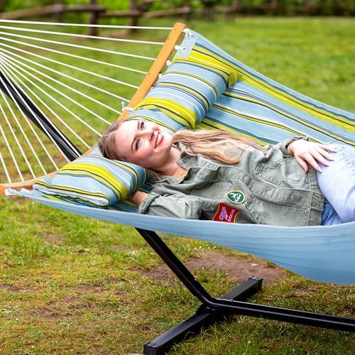 SUNCREAT Portable Outdoor Hammock with Stand Included, Double Hammock with Stand for Outside, Yellow Blue - color: Yellow Blue