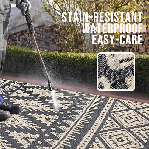 OLANLY Outdoor Rug Waterproof 5x8 ft, Reversible Outdoor Plastic Straw Rug, Boho Patio Rug, Indoor Outdoor Carpet, RV Mat Outside for Patio, Camp, Picnic, Balcony, Deck, Backyard, Black & Beige - color: Black & Beige, size: 5' X 8' (Rectangular)