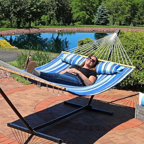 Sunnydaze Quilted Double Hammock for Outside with Spreader Bars and Pillow - 450 lb Capacity, 74x55 Inch Bed, UV Resistant, Quick Dry - Chains Included, Stand Sold Separately - Misty Beach - color: Misty Beach