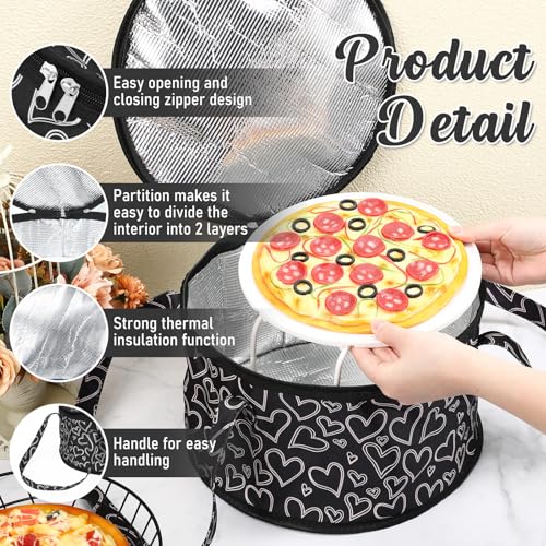 Pickmesh Round Pie Carrier 12 x 7 Inch Insulated Casserole Carriers with Lid and Detachable Handle for Hot or Cold Food Cake Transport Thanksgiving Christmas Gift(Black Champagne Heart) - color: Black Champagne Heart