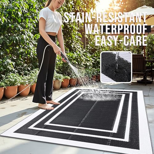 OLANLY Outdoor Rug 4x6 ft Waterproof, Reversible Outdoor Plastic Straw Rug, RV Mat, Indoor Outdoor Carpet Clearance for Patio, Camping, Balcony, Deck, Backyard, Black & White - color: Black & White, size: 4' X 6' (Rectangular)