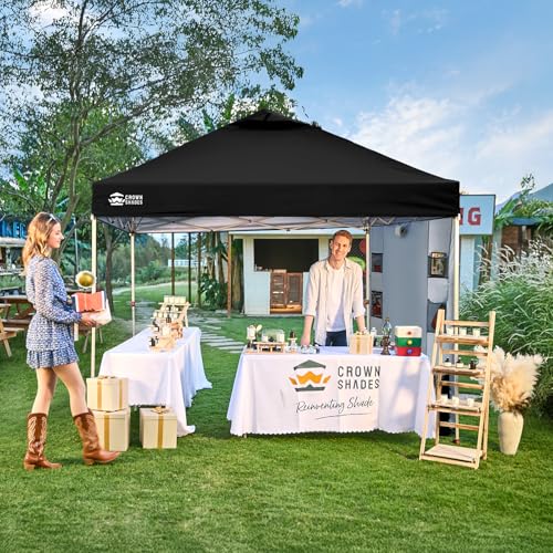 CROWN SHADES Canopy Tent, 10 x 10 Foot Portable Pop Up Outdoor Shelter with Pocket Sidewall, Push Center Lock, UV Protection, and Carry Bag, Black - color: Black