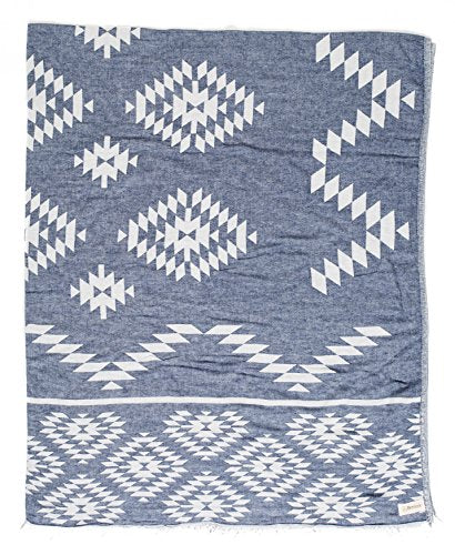Bersuse 100% Cotton Teotihuacan XL Throw Blanket Turkish Towel Beach Blanket - Beach Camping Essentials - 75x90 Inches, Dark Blue - color: Dark Blue