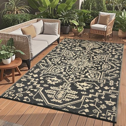 GarveeHome 8x10 Outdoor Rugs Vintage Medal Reversible Plastic Straw Rug UV Resistant Non Shedding Camping Carpet Fold Portable Outside Carpet Mat for RV Porch Backyard Balcony Pool Side, Black Brown - color: Vintage | Black Brown, size: 8' x 10' (Rectangu
