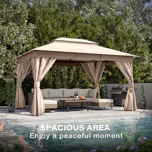 LAUSAINT HOME Gazebo 10x13ft, Heavy Duty Patio Gazebo with Expansion Bolts, Party Canopy Tent with Double Roofs, Mosquito Nettings and Privacy Screens for Backyard, Garden, Lawn, Khaki - color: Khaki, size: 10'x13'