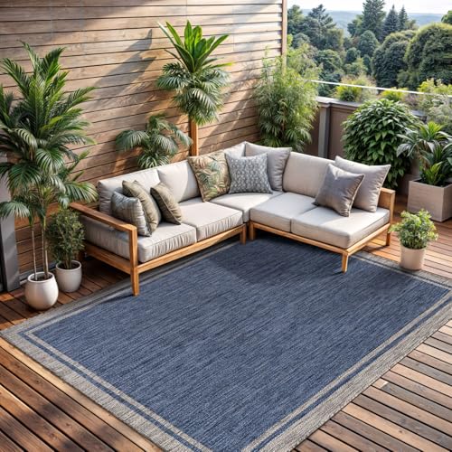 CAMILSON Outdoor Rug, 6x9 Bordered Navy Blue Gray Modern Area Rugs for Indoor and Outdoor Patios, Porches Waterproof Washable Porch Deck Outside Carpet (Bordered Navy, 6 x 9) - color: Bordered Navy, size: 6'7" x 9' (Rectangular)
