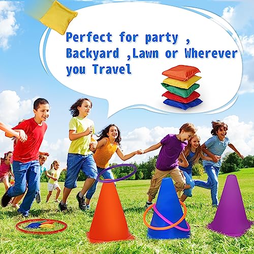 Win SPORTS 3 in 1 Carnival Outdoor Games Combo Set, Soft Plastic Cones Cornhole Bean Bags Ring Toss Games,for Kids Adults Indoor Outdoor Birthday Party Lawn Games Supplies (26 Pieces