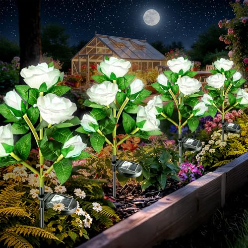 Anordsem Solar Garden Lights Outdoor: 20 Waterproof Fabric Roses 4 Pack - White LED Flower Decorations for Yard Patio Path Cemetery Grave - Birthday Gifts for Women Mom Wife - color: White, size: 4 Pack