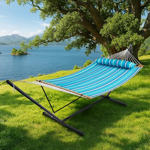 SUPERJARE Hammock with Stand, 2 Person Quilted Outdoor Hammock, Detachable Pillow & Bamboo Spreaders, Portable Hammock with Carrying Bag, Heavy Duty Stand, Perfect for Outside, Patio, Aqua Blue - color: Aqua Blue, size: 55.1"W × 74.8''D × 43.3''H