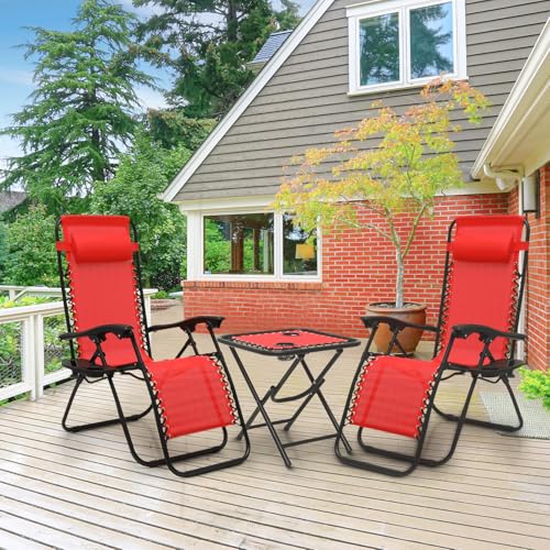 Athena Collection Zero Gravity Outdoor Lounge Chair Set of 2 with Side Table, 25" Width Pool Lounge Lawn Chairs Reclining with Cup Holder, Outdoor Chaise for Beach Patio Backyard Outside, Red - color: Red, style: 25" Width