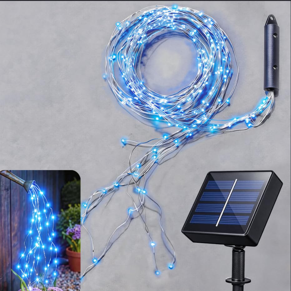 Solar Fairy String Lights Outside Blue, Multi Strand 180 LEDs Watering Can Light for Outdoor, Waterproof Solar Powered Waterfall Lights, Firefly Bunch Lights for Garden Décor - color: Blue