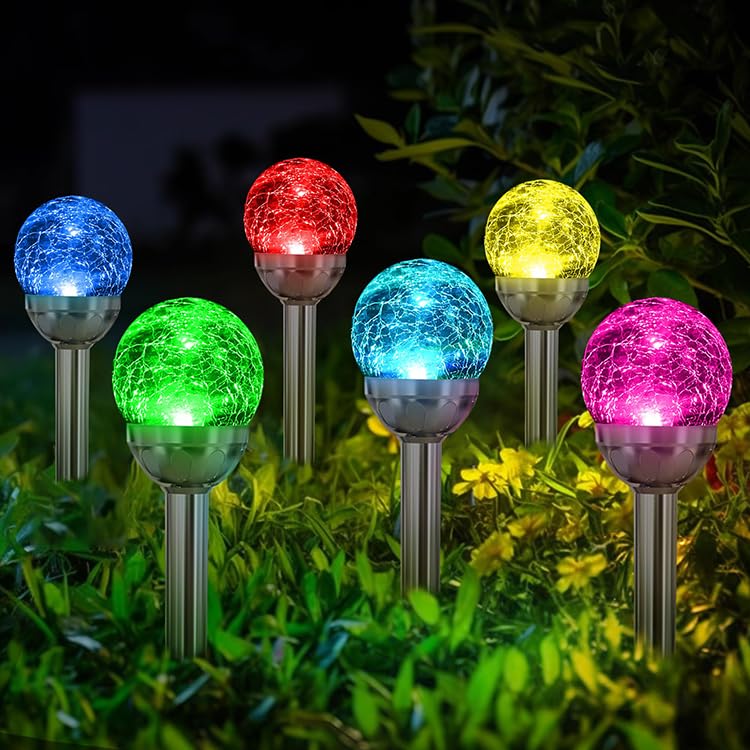 Solar Garden Stake Lights, Color Changing Crackle Glass Globe, Outdoor Pathway Decor, 3-Pack (3)