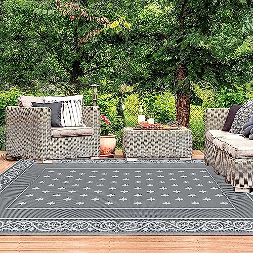 Pauwer Waterproof Outdoor Rug 6x9, Reversible Plastic Straw Patio Camping Rug, Indoor Outdoor RV Mat Carpet for Deck, Camper, Porch, Balcony, Backyard, Picnic, Bordered Grey - color: Bordered Grey, size: 6' x 9' (Rectangular)