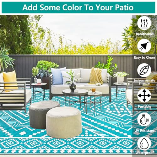 Waterproof Outdoor Rug 9x12 ft, Reversible Plastic Straw Mat, Large Floor Mat for Patio, Camping, Picnic, Backyard RV, Deck, Teal - color: Teal, size: 9' x 12'