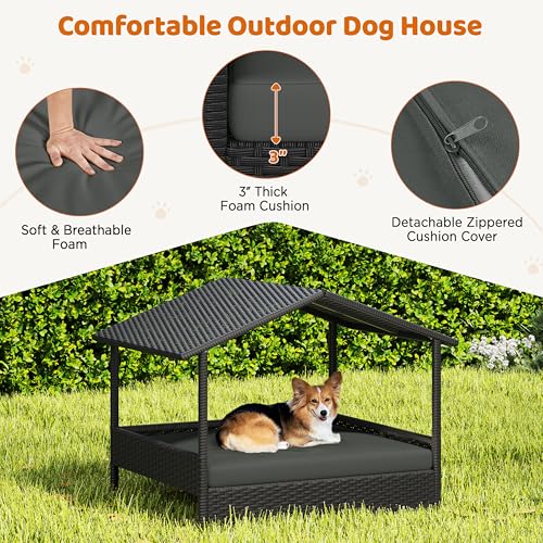 Yaheetech Wicker Dog House Outdoor Indoor with Canopy, Elevated Dog Shelter Dog Bed with Cushion for Small/Medium Dogs, Shade for Deck, Patio, Yard, Pool, Black House, Gray Cushion