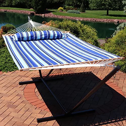 Sunnydaze Quilted Double Hammock for Outside with Spreader Bars and Pillow - 450 lb Capacity, 74x55 Inch Bed, UV Resistant, Quick Dry - Chains Included, Stand Sold Separately - Catalina Beach - color: Catalina Beach