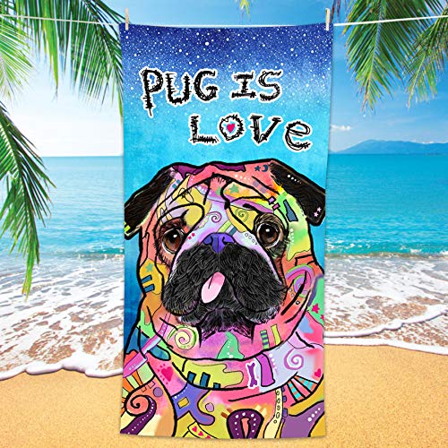 Bonsai Tree Pug Beach Towel, Cute Puppy Dog Themed Microfiber Bath Towel Gifts for Pug Lovers, Funny Abstract Trippy Sand Free Quick Dry Travel Towels for Kids Yoga Sports 30" x 60" - color: Pug 1, size: 30"x60"