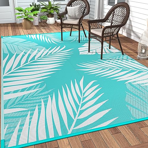 GENIMO Outdoor Rug 5' x 8' Waterproof for Patios Clearance, Reversible Outdoor Plastic Straw Camping Rug Carpet, Large Area Rugs Mats for RV, Picnic, Backyard, Deck, Balcony, Porch, Aqua Blue&White - color: Aqua Blue & White | Waterproof, size: 5' x 8' (R
