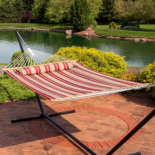 Sunnydaze Quilted Double Hammock for Outside with Spreader Bars and Pillow - 450 lb Capacity, 74x55 Inch Bed, UV Resistant, Quick Dry - Chains Included, Stand Sold Separately - Red Stripe - color: Red Stripe