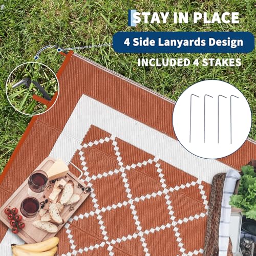 Garvee Patio Rugs Outdoor 9x12 Plastic Straw Rug Modern Trellis Reversible Camping Carpet, Waterproof Outdoor Mat with 4 Stakes and Storage Bag for RV, Picnic, Backyard, Deck, Balcony, Porch, Beach - color: Geometric|terracotta, size: 9' x 12' (Rectangula