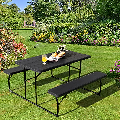 Giantex Folding Picnic Table Bench Set, Outdoor Dining Table Set, Large Camping Table for Patio Deck Lawn Garden Backyard Poolside, Portable Picnic Tables, Weather Resistant Metal Frame, Black - color: Black