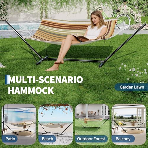 2 Person Double Hammock with Stand & Pillow, 450 LBS Heavy Duty Outdoor Hammock with Balance Rope for Patio Backyard Poolside - color: K-dark Gery
