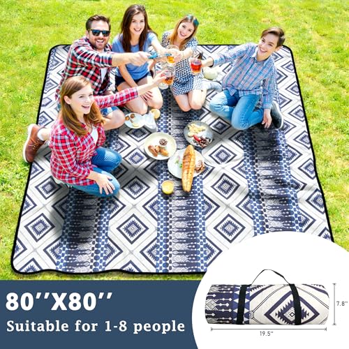 SAMSIER Large Outdoor Picnic Blankets Waterproof Foldable, Beach Blanket Sandproof Portable, Picnic Mat Washable for Camping (80"×80", Thickened) - color: Deep Blue, size: 6'8" x 6'8" (Square)