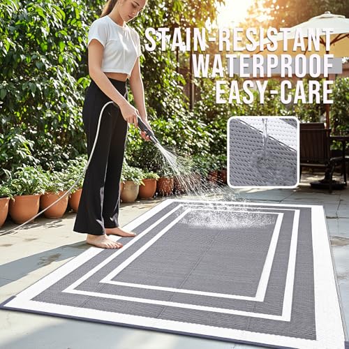 OLANLY Outdoor Rug 6x9 ft Waterproof, Reversible Outdoor Plastic Straw Rug, RV Mat, Indoor Outdoor Carpet Clearance for Patio, Camping, Balcony, Deck, Backyard, Grey & White - color: Grey & White, size: 6' X 9' (Rectangular)