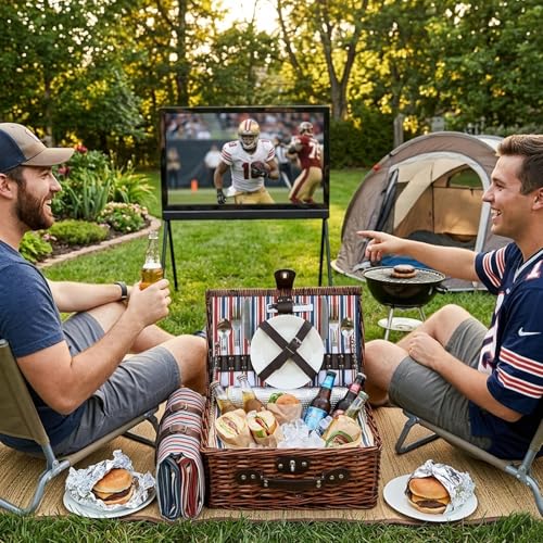 Wicker Picnic Basket for 2 with Waterproof Picnic Blanket and Insulated Bag Classic Red, White and Blue Stripes for Soccer Game, Camping, Travel, Birthday Gift, Wedding Gift - color: Retro Red White and Blue Stripes