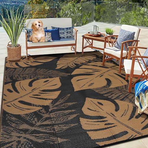 GarveeLife Outdoor Plastic Straw Rug 9x12 UV Resistant Waterproof Patio Rug, Reversible RV Camping Mat with Portable Bag & 4 Stakes, Modern Indoor Outdoor Rugs for Balcony Deck Yard, Brown - color: Leaf|black&brown, size: 9' x 12' (Rectangular)