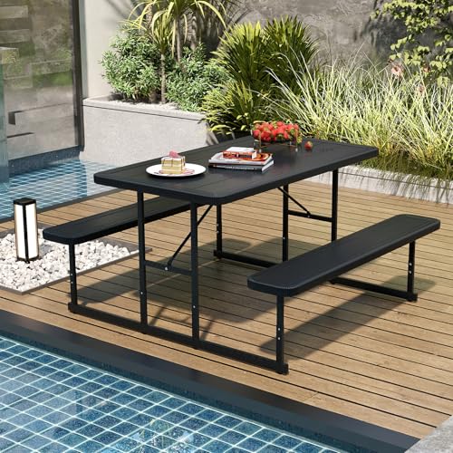 Giantex Picnic Table Bench Set for 4 People, 4.5FT Outdoor Rectangular Dining Table & 2 Benches w/Umbrella Hole, HDPE Tabletop, Metal Frame, Patio Garden Backyard Poolside (4.5FT,Non-Foldable,Black) - color: Black, size: Rectangle-54"x28"x30"