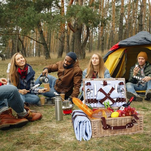 Picnic Baskets Wicker Willow Picnic Set for 4 Persons with Insulated Cooler Bag and Waterproof Blue Picnic Blanket Gift for Christmas Thanksgiving Wedding Birthday Camp Outdoor Beach Travel - color: Light Blue
