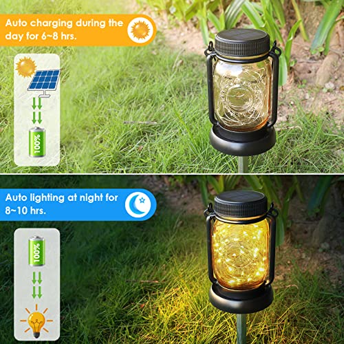Mlambert 4 Pack Solar Hanging Lantern with Stakes, Outdoor Waterproof Solar Mason Jar Fairy String Lights Decorative Vintage Glass Lamp-Warm White - color: Warm White
