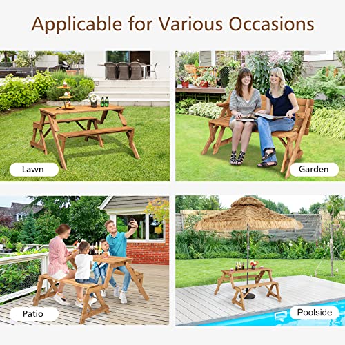 GYMAX Picnic Table, 2 in 1 Convertible Picnic Bench Table Set, Transforming Interchangeable Wooden Picnic Table with Umbrella Hole, Collapsible Outdoor Patio Dining Table Garden Bench