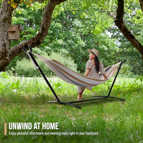 Sorbus 2-Person Hammock with Stand – 60" Cotton Blend Bed, Heavy Duty 450lbs Capacity, Portable with Carrying Case – for Garden, Patio, Outdoor, Camping, Gifts – Washable - color: Desert-brown Blue