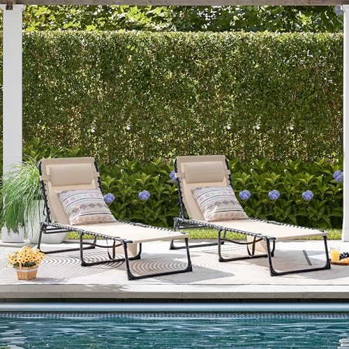 Flamaker Foldable Chaise Lounge Chair 5-Position Adjustable, Tanning Chair with Side Pocket, Outdoor Sunbathing for Pool, Beach, Patio, Lawn, Indoor Recliner Chair for Napping(Beige, 1 Pcs) - color: Beige, style: Normal, 1 Pcs