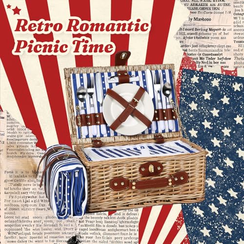 Wicker Picnic Basket for 2 with Waterproof Picnic Blanket and Insulated Bag Classic Blue and White Star Stripes Pattern for Soccer Game, Camping, Travel, Birthday Gift, Wedding Gift - color: Blue and White Stars