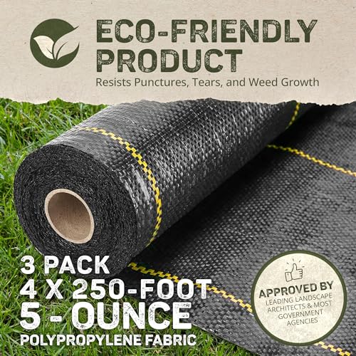 Dewitt 3-Pack Pro-5 Weed Barrier Fabric 5 oz, 4 x 250 Feet – Heavy-Duty Woven Landscape Ground Cover Mat for Raised Garden Bed, Greenhouse Gardening, Outdoor Landscaping, and Commercial Planting - size: 3 Pack, style: 4' x 250'