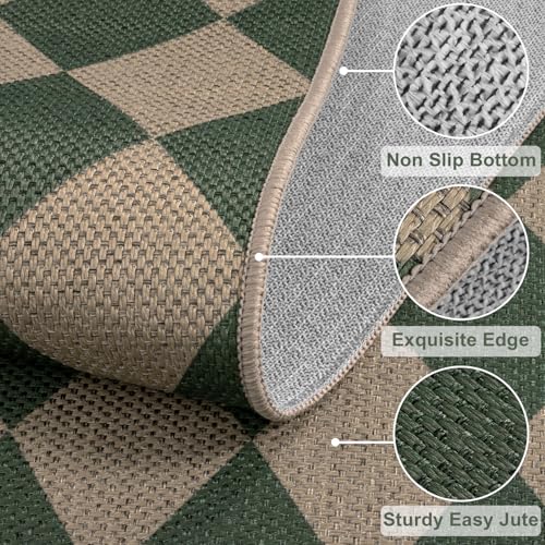 Rugalia Easy Jute Checkered Outdoor Runner Rug, 2.6x8 Green Modern Washable Rugs Runner for Hallway Non-Slip Kitchen Runner Rug, Geometric Diamond Outdoor Carpet for Porch Laundry Entryway - color: Green Checkered, size: 2.6' x 8' (Runner)