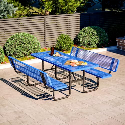 72" Rectangular Metal Picnic Tables for Outdoors with Backrest Seats Umbrella Hole - Coated Steel Heavy Duty Commercial Grade Table, Patio Rectangular Furniture Set for a Lifetime, Blue - color: Blue-backrest